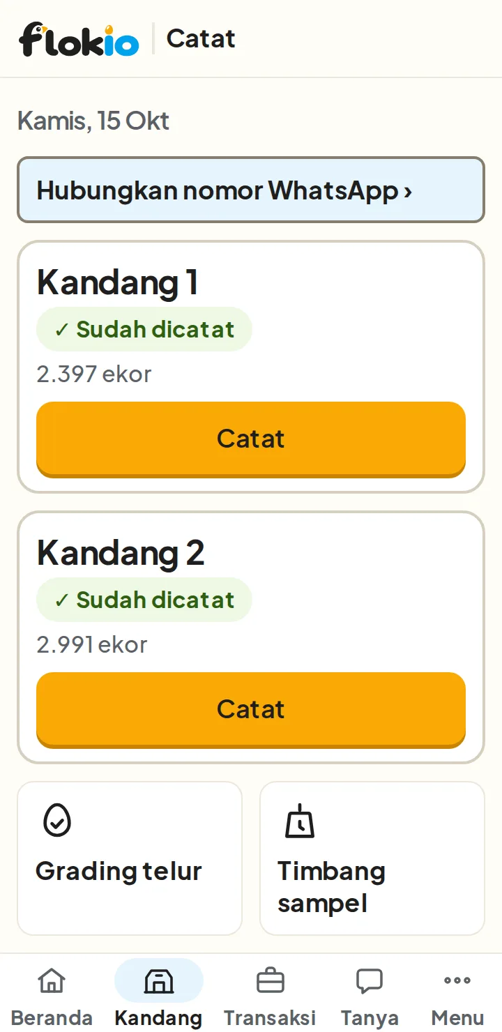 Tab Kandang: Kandang 1 dan Kandang 2 sudah dicatat hari ini, tombol Catat, Grading telur dan Timbang sampel