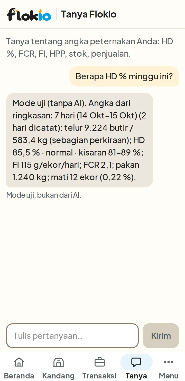 Tanya Flokio: pertanyaan Berapa HD % minggu ini? dan jawaban dalam mode uji dengan angka peternakan contoh
