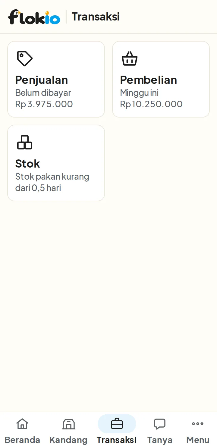 Tab Transaksi: Penjualan dengan yang belum dibayar, Pembelian minggu ini, dan Stok